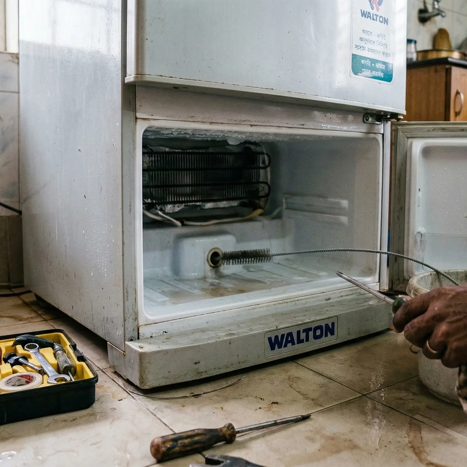 ফ্রিজ থেকে পানি পরছে